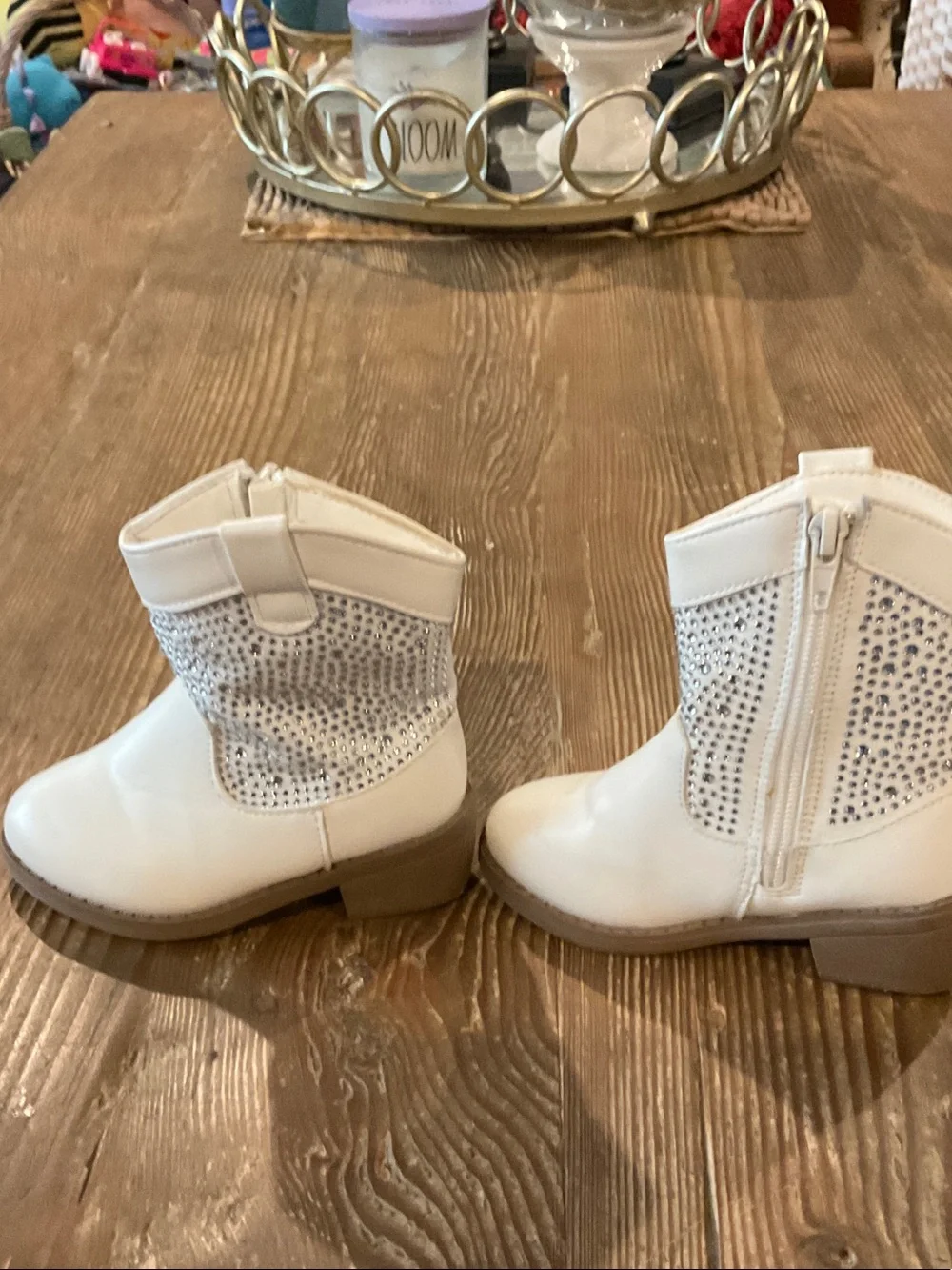 Girls White Rhinestone Pull-On Boots with Side Zipper